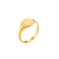 Macro shot of 18K gold plated signet ring with sun goddess face and olive branch details - US 6 / Goddess Pattern