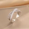 Double-layer minimalist open ring featuring micro-paved zircons and cross design - Silver