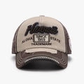 Vintage beige and brown mesh trucker hat with 3D Hawaii embroidery and distressed brim - Dark Coffee
