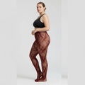 Detailed close-up of intricate red floral lace pattern on vintage sheer tights - Floral Mesh Style / Burgundy