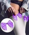 Detail view of smooth purple satin bow accessories on over-knee velvet stockings - White Socks With Purple Bowknot