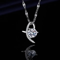 Silver-plated round-cut carbon stone pendant necklace with brilliant halo on black background - Xl-138 [with Four-leaf Clover Chain]