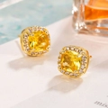 Elegant gold square stud earrings with yellow cubic zirconia and halo stones - Yellow