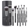 Professionelles 12-teiliges Make-up-Pinsel-Set in Schwarz und Silber mit Köcher - 12-teiliges Schwarz Silber Rundes Eimer-Set