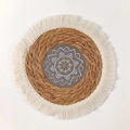 Bohemian round straw wall decor with mandala pattern and beige fringe tassels - Mandala Pattern 1 With Tassels (25cm)