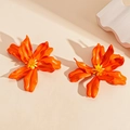 Close-up of orange acrylic flower earrings with 3D petals and yellow bead details - Silver Needle - Orange Flower / Orange