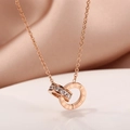 Detail of rose gold interlocking circles necklace with crystals and Roman numerals - Rose Gold Double Ring Necklace (8893)