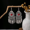 Bohemian silver drop earrings with red stone inlay and feather tassel charms - E1569-2 Red Feather Hollow