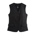 Detail van zwart linnen vest met V-hals, vier knopen en klepzakken op de stof - XS / Zwart
