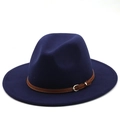 Detail of navy blue wool fedora hat featuring a brown leather belt with silver buckle - Navy Blue