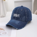 Deep blue denim baseball cap with 1984 embroidery and distressed vintage details - 1984 Embroidery Style / Dark Blue