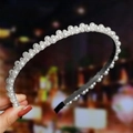 Elegant white pearl beaded headband with alternating sizes on black metal frame - S271-10 Bright White Pearl Beaded Style