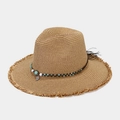 Retro khaki woven Panama sun hat with bohemian turquoise bead band and fringe brim - One Size (56-59cm) / Khaki