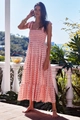 Détail de robe longue à carreaux roses avec bretelles nouées et jupe à volants - S / Robes / Rose à Pois