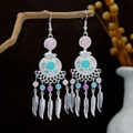 Bohemian silver earrings with pink and blue beads and feather metal charms - Multicolor(E4765-2)