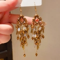 Detailed close-up of vintage gold teardrop fringe earrings with sparkling bead tassels - Coffee Rhombus Tassel Style (20#)