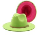 Detail of wide brim wool fedora featuring neon green exterior and rose pink interior - Fruit Green & Rose Red