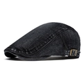 Adjustable black washed denim ivy cap with vintage metal buckle and classic stitching - Black