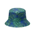 Close-up of tropical palm leaf pattern and fabric texture on navy blue bucket hat - Navy Blue Green Tropical Leaves (Y)