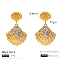 Detailed dimensions of shell earrings featuring gold coral and pearl on white backdrop - Scallop Coral Pearl Drop Earrings Style (NB-E1639)