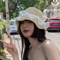 Women's light beige straw hat with lace bow and pearl accents for summer sun protection - M / Pearl Lace Small Bucket Hat-Beige