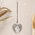 Silver angel wing heart suncatcher with purple beads and clear crystal ball - Gift Box / Purple (With Gift Box)
