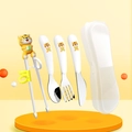 Kids stainless steel cutlery set with training chopsticks and spoon in a white travel case - Yellow Tiger Set (Spoon+Fork+Knife+Chopsticks+Box)