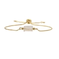 Macro view of adjustable gold box chain with rectangular white quartz stone - Copper+Clear Quartz