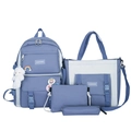 Grey-blue 4-piece student backpack set with tote, crossbody bag, and pencil case - Single 4-Piece Set / Blue