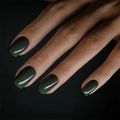 Glossy deep green square press-on nails shown on model's hand with black background - Dark Green