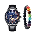 Men's business watch with black leather strap and colorful volcanic stone bead bracelet - Black Strap Black Case Blue Hands And Bracelet