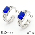 Silver stainless steel hollow chain hoop earrings featuring rectangular blue zircon stone - Steel Deep Blue (KE111467-GC)