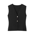 Gilet en tricot noir pour femmes avec col en V et boutons dorés décoratifs - Gilet Noir