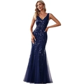 Navy blue V-neck sequined mermaid evening gown with sleeveless mesh fishtail silhouette - US size 2 / Navy Blue