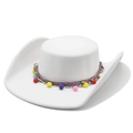Detail of white felt cowboy hat featuring ethnic colorful ribbon and vibrant fur pom-poms - M (56-59cm) / White