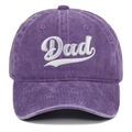 Detailed view of white 'Dad' 3D embroidery on vintage washed purple cotton baseball cap - Purple (Dad)