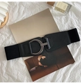 Détail d'une large ceinture élastique avec boucle ronde argentée et texture cuir noir chic - Noir