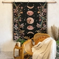 Bohemian black moon phase woven throw blanket with floral pattern and tassels - Moon Phase Floral - Black / 130x160cm