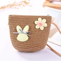 Mini brown woven bucket bag for girls with cute rabbit and flower patchwork detail - Little Rabbit / Brown