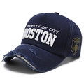 Navy blue baseball cap with 3D Boston embroidery and distressed brim details - Adjustable / Navy Blue