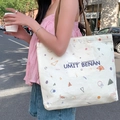 Large cream canvas tote bag with colorful geometric patterns and brown shoulder straps - Starry Sky / Beige