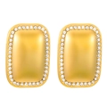 Macro view of gold rectangular earrings featuring a smooth center and pave zircon borders - Rectangle (K-563)
