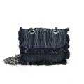 Mini navy denim crossbody bag for kids with frayed edges and silver chain strap - Dark Blue