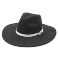 Black wide brim fedora hat with white faux leather belt and silver buckle detail - M(56-59CM) / Black (Suede)