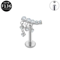 Silver G23 titanium labret stud with curved clear zircon row and dangling chains - Silver Multi-Zirconia Dangle (G23LAI204-S)