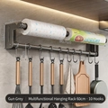 Gunmetal kitchen rack with 10 hooks and paper roll holder, 60.7cm wall mounted shelf - 60CM with 10 Hooks / Gun Grey