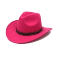 Detail of rose red felt cowboy hat with dark brown band and vintage metal disc ornament - M (56-58cm) / Rose Red