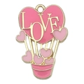 Pendentif ballon cœur rose avec texte LOVE et cadre en alliage doré pour bijoux - 30x21mm / Montgolfière Cœur LOVE Rose