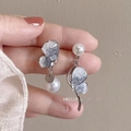 Elegant asymmetrical bow earrings with light blue crystals and white pearls in silver finish - Silver Asymmetric Butterfly Pearl