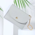 Minimalist grey PU leather wallet for women with golden round buckle and key ring chain - Light Gray